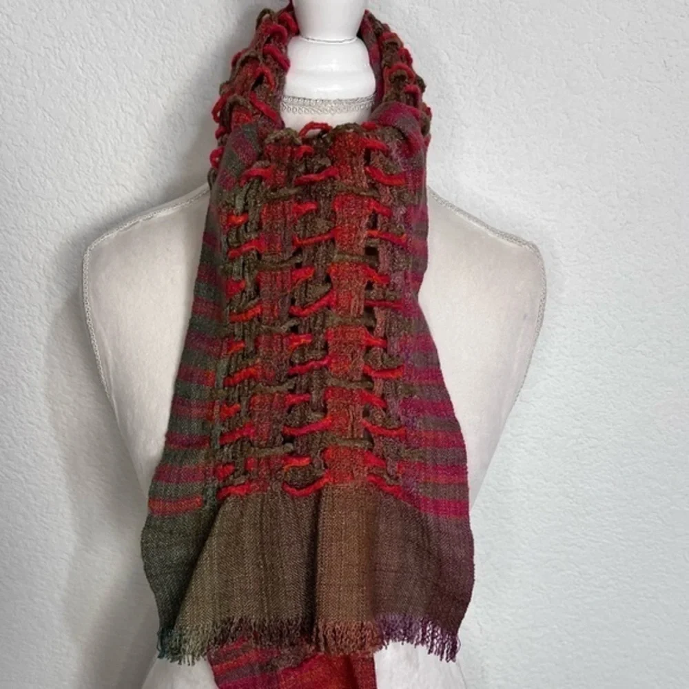 Weaved & Braided Multi Colored Raw Silk Scarf with Fringe Unisex